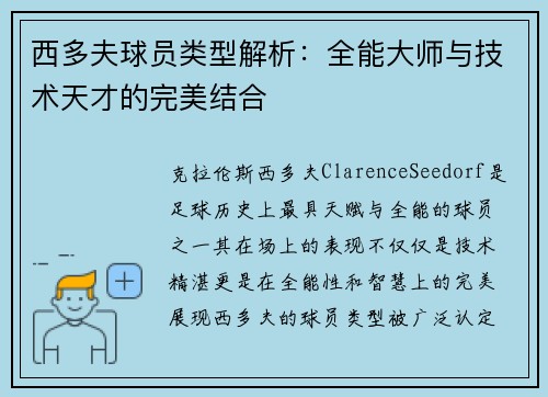 西多夫球员类型解析：全能大师与技术天才的完美结合