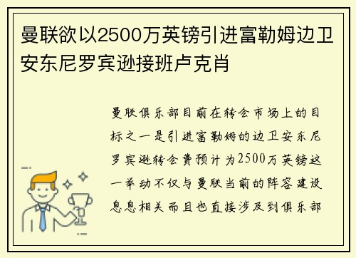 曼联欲以2500万英镑引进富勒姆边卫安东尼罗宾逊接班卢克肖